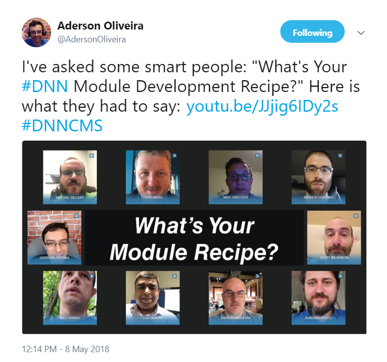 Aderson Oliveira最近一直在发推特收集短视频回应,这一个是关于DNN模块开发模式的。