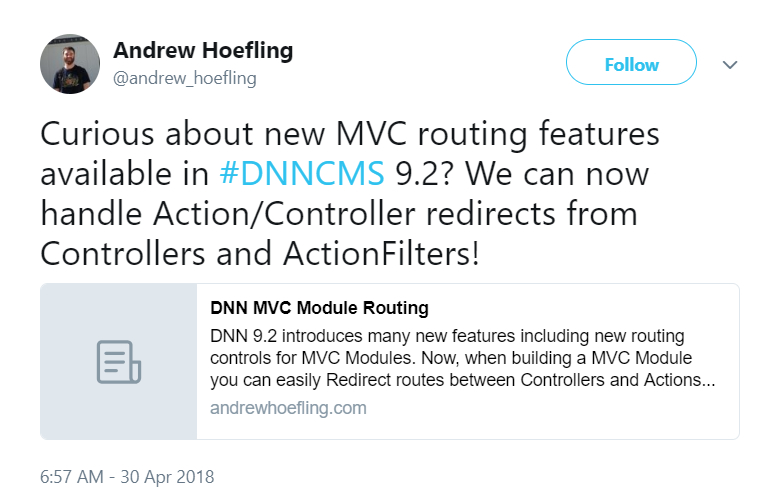 Andrew Hoefling在twitter上发布了关于DNN中的MVC路由