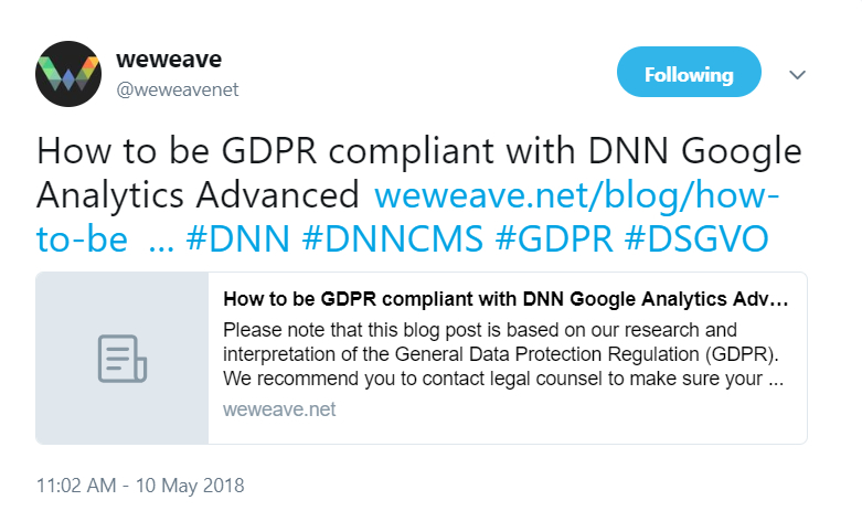 WeWeave发布了关于GDPR合规和谷歌分析的推文