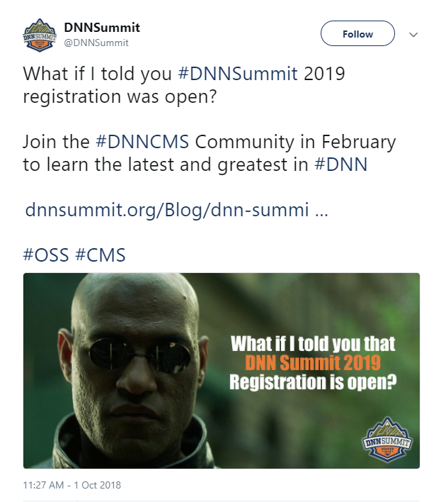 DNN峰会在推特上宣布2019年DNN峰会开放报名