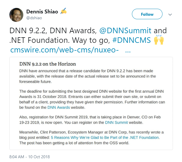 Dennis Shiao在推特上分享了DNN从CMSWire收到的一些喊话。