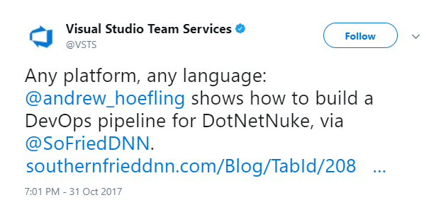 VSTS关于Andrew Hoefling与DNN的持续集成和部署的推文