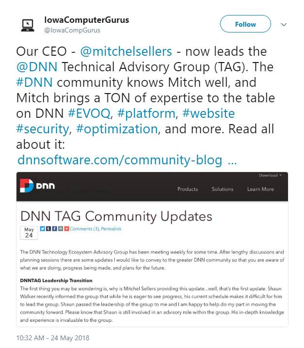 爱荷华电脑大师推特关于他们的首席执行官,米切尔塞勒斯,和他的领导DNN TAG集团