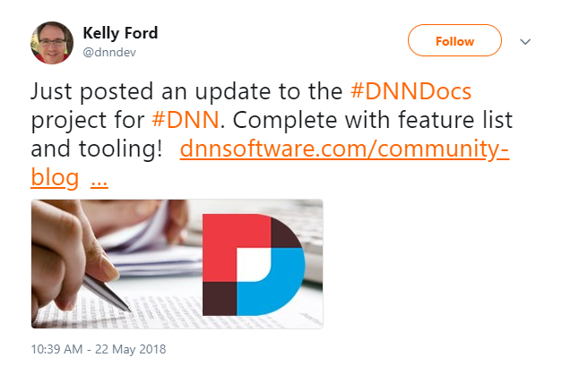 凯利·福特在推特上更新了DNN文档组的状态。