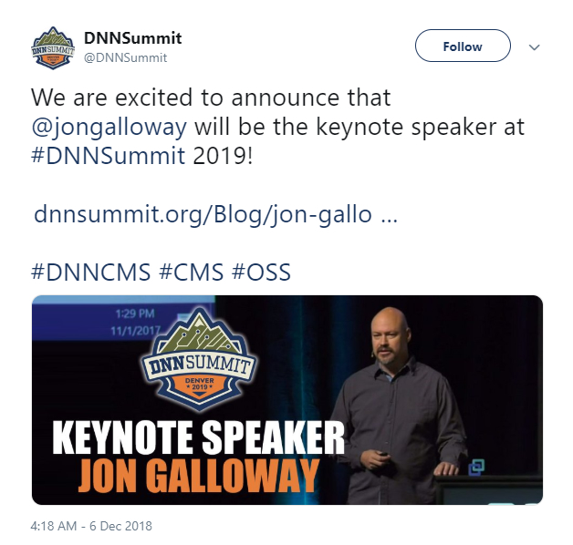 DNN峰会在推特上宣布了主题发言人乔恩·加洛韦的消息。