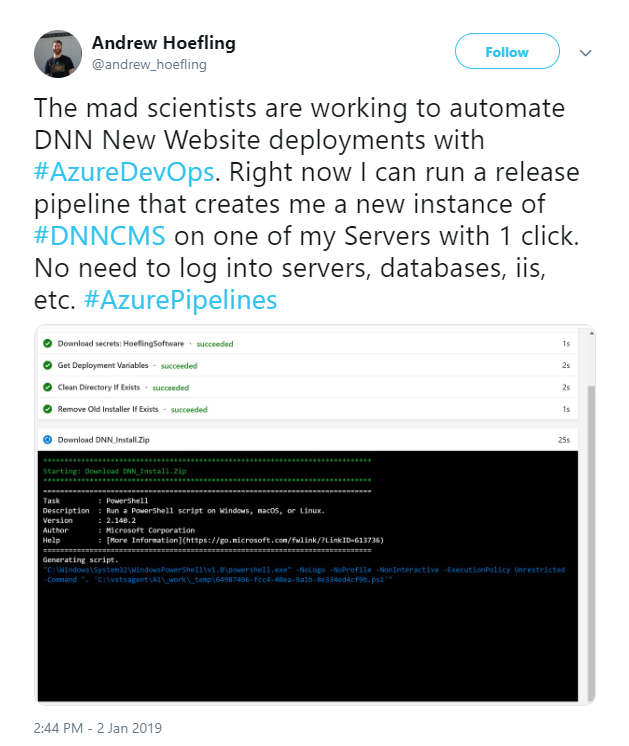 Andrew Hoefling在twitter上发布了关于使用Azure DevOps自动部署DNN的消息。