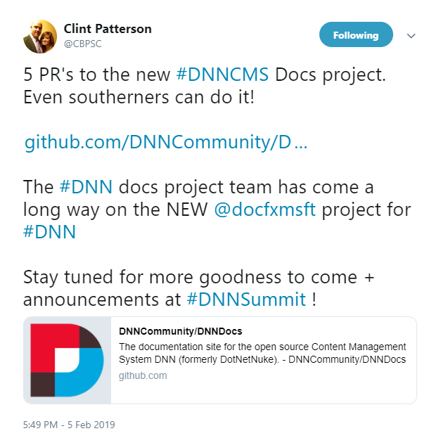 n(无耻的插入)我发了一条关于我们在DNN Docs项目上所做的工作的推文,以及我最近提出的一些pull请求。